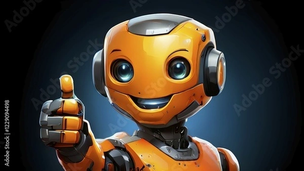 Fototapeta Friendly smiling orange robot with a thumb up symbolizing artificial intelligence, AI generated