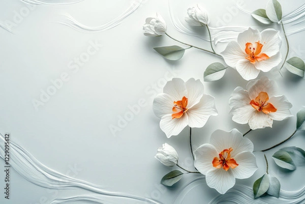 Fototapeta An elegant display of white and orange paper flowers with leaves, set on a textured white background for a modern aesthetic.