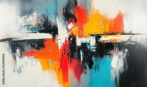 Fototapeta Abstract expressionist painting with vibrant colors and dynamic brush strokes, featuring bold reds, oranges, blacks, and blues
