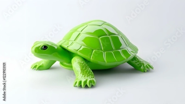 Fototapeta A turtle with a bright green shell crawling slowly on a white background