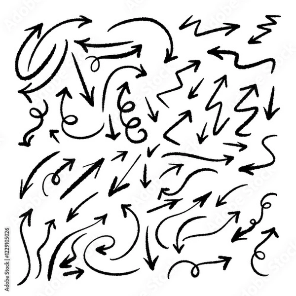 Fototapeta Hand drawn linear curved arrows set for highlighting and emphasizing in designs.