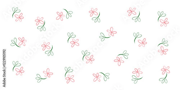 Fototapeta Hand drawn flowers and leaves scattered in a repeating pattern on a white backdrop. Line style design elements.