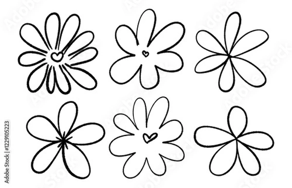 Fototapeta Monochrome hand drawn botanical set on a white background. Vector illustrations of flowers with rough, artistic lines.