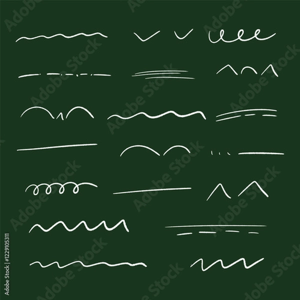 Fototapeta Set of hand drawn marker strikethrough and underline strokes. Different scribble lines and brush strokes isolated on green bg. Vector illustration.