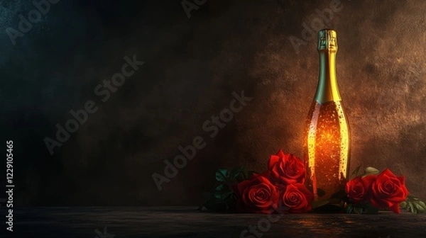 Fototapeta A bottle of sparkling wine surrounded by red roses on a dark background.