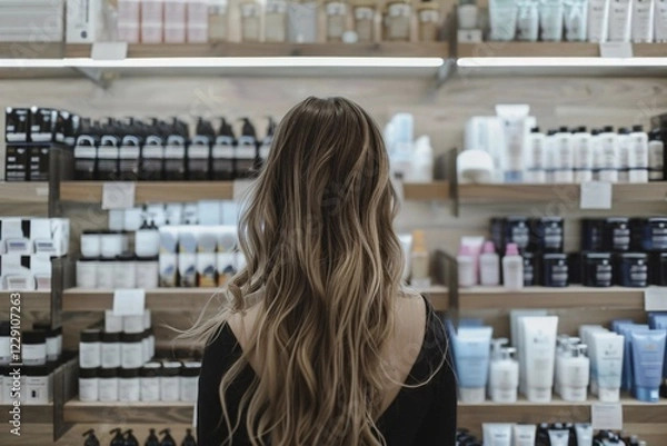 Fototapeta Young woman standing in front of shelves with cosmetic and makeup products in store. KI generiert, generiert, AI generated