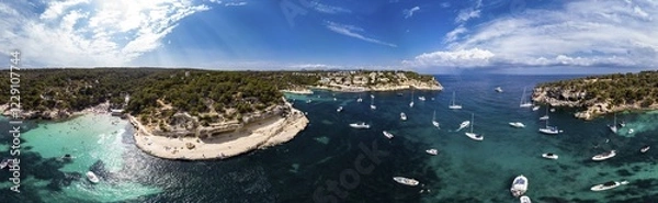 Fototapeta Drone shot, view over the Five Finger Bay of Portals Vells, Majorca, Balearic Islands, Spain, Europe