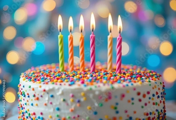 Fototapeta A birthday cake with nine lit candles and colorful sprinkles, with fairy lights in the background.
