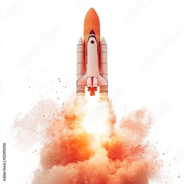 Fototapeta A red rocket blasting off into the sky, with flames and smoke trailing behind