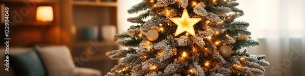 Obraz A festive Christmas tree with a shining star at the top, perfect for holiday decorations or seasonal events