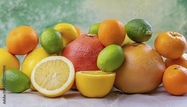 Fototapeta Many ripe different citrus fruits AI generated, AI generated