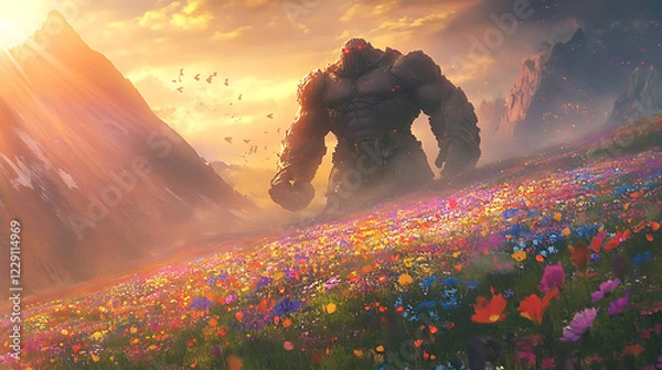 Fototapeta dramatic scene of a Juggernaut Titan amidst a rolling field of colorful wildflowers, with light rays illuminating the figure
