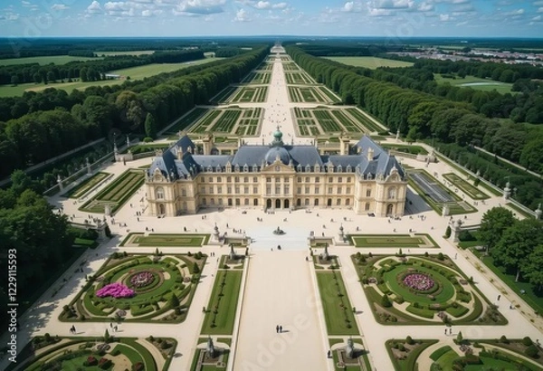 Fototapeta An aerial view of the Palace of Versailles with its grand gardens and surrounding area