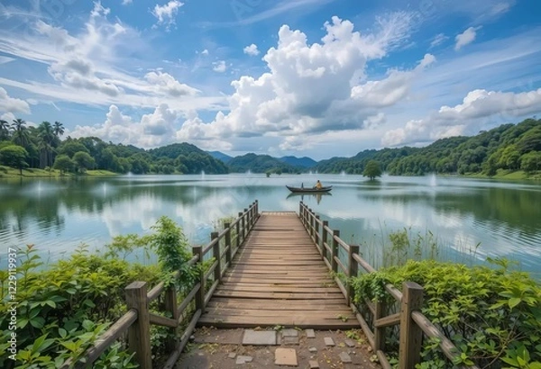 Fototapeta A scenic view of the Taiping Lake Gardens in Malaysia with lush greenery and a lake in the center