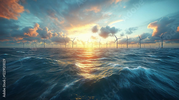 Obraz Vast ocean under a glowing sunset with wind turbines, symbolizing renewable energy and sustainable technology
