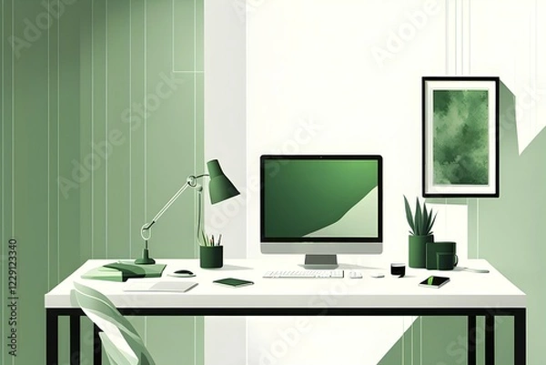 Fototapeta Minimalist illustration of an abstract symbolic wallpaper composition representing home office, AI generated