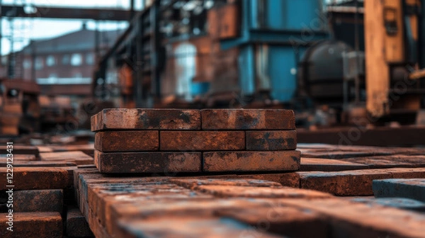 Fototapeta Industrial site with stacked bricks on heavy industry background, showcasing rugged and raw environment. scene evokes sense of hard work and craftsmanship