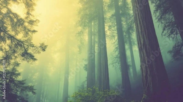 Fototapeta Soft fog blankets quiet forest with tall trees emerging from mist