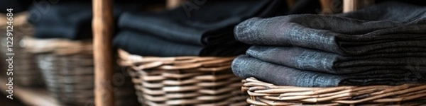Fototapeta A collection of folded clothes stored in a woven wicker basket