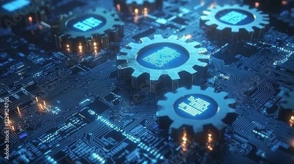 Obraz Futuristic Technology Background with Gears and Circuit Patterns