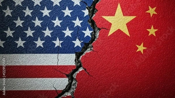 Obraz The photograph shows the US and Chinese flags side by side with a jagged split down the middle, which suggests tension or conflict, adding to the sense of separation between the two flags.