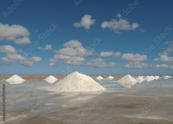 Obraz Salt works at the salt marshes of Sabkhat Tazra in the Khenifiss National Park near the coast of the Atlantic Ocean east of Tarfaya, Southwest Morocco
