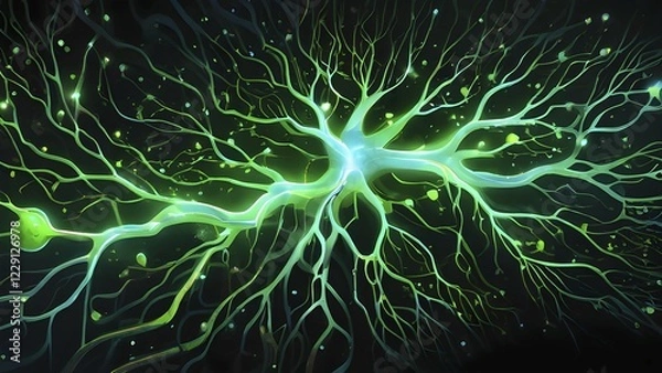Fototapeta Ai generated conceptual illustration of a neuronal network with interconnected nodes pulsating in green tones, AI generated