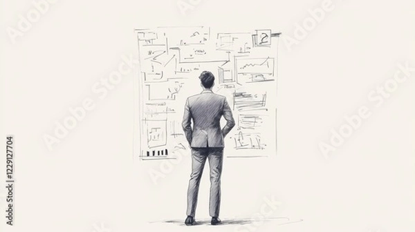 Fototapeta Businessman reviewing data charts and graphs on a wall.