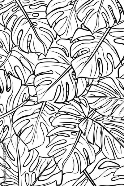 Fototapeta Coloring page of monstera leaves, simple line art style, white background, seamless pattern