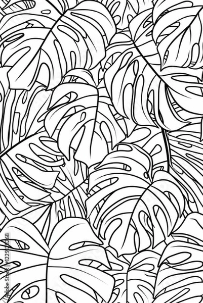 Fototapeta Coloring page of monstera leaves, simple line art style, white background, seamless pattern