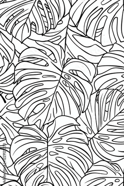 Fototapeta Coloring page of monstera leaves, simple line art style, white background, seamless pattern