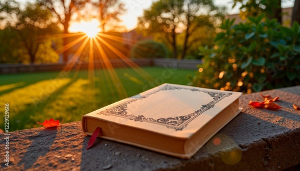 Fototapeta Vintage notebook resting on stone ledge in garden at sunrise, inspiration