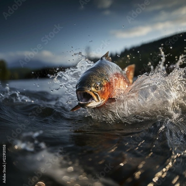 Fototapeta Salmon trout jumps out of the water, ai generated