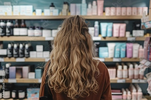 Fototapeta Young woman standing in front of shelves with cosmetic and makeup products in store. KI generiert, generiert, AI generated