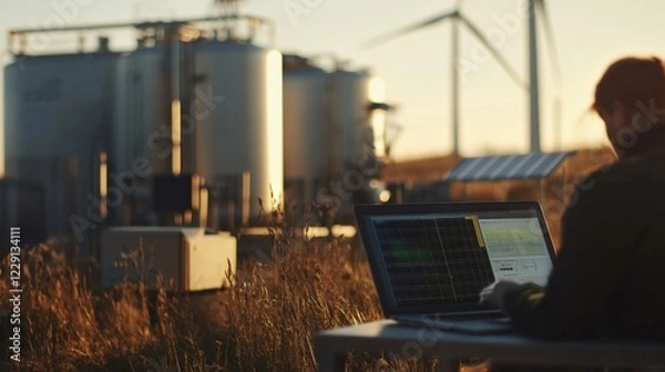 Fototapeta Off-grid e-methanol production powered by wind farm and solar panels in the background, with an engineer using a laptop in the right corner to analyze data.