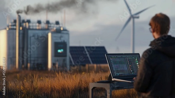 Fototapeta Off-grid e-methanol production powered by wind farm and solar panels in the background, with an engineer using a laptop in the right corner to analyze data.