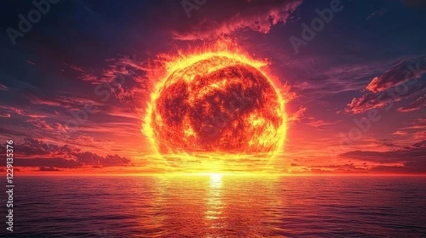 Fototapeta Majestic Sunset Over Calm Ocean with Fiery Sun and Colorful Sky