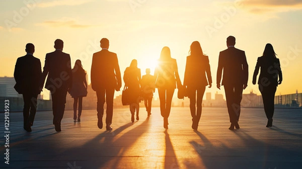 Obraz A group of business professionals walking forward confidently at sunset casting long shadows and symbolizing leadership teamwork and success  
