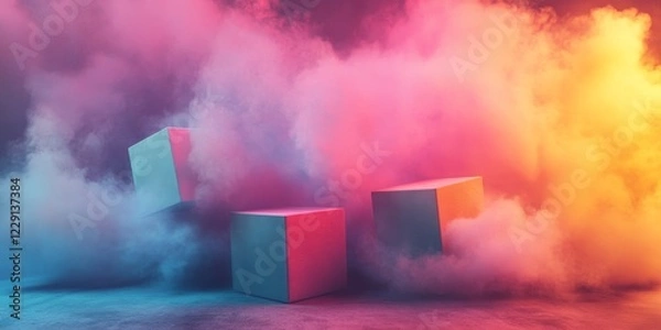 Fototapeta A striking composition of colorful cubes partially enveloped in vibrant smoke, creating a surreal and artistic atmosphere perfect for modern design.