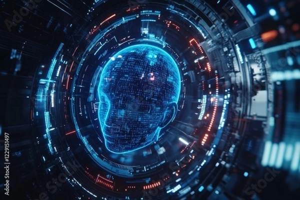 Fototapeta High-tech artificial intelligence interface with glowing blue holographic human face. Surrounded by complex data streams.