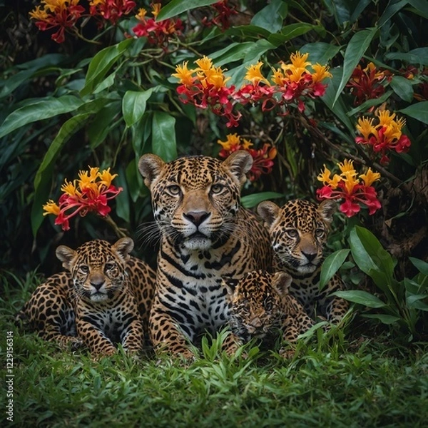 Obraz A jaguar and her cubs resting under a tree with vibrant maranta flowers.