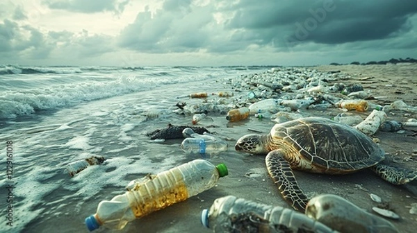 Fototapeta A beach strewn with plastic bottles and debris, with sea creatures struggling to move through the pollution, symbolizing the urgent need for ocean cleanup.