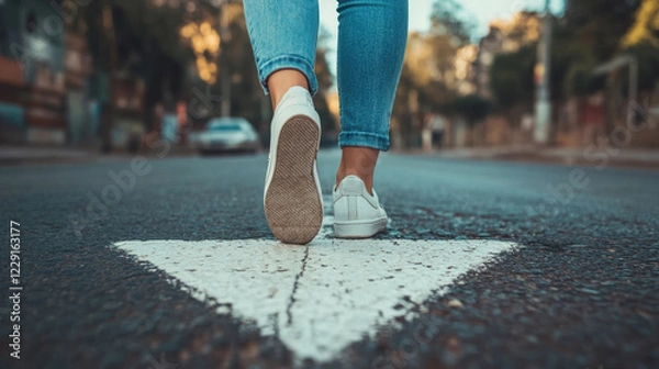 Fototapeta Close up of woman feet in white sneakers walking on road, showcasing movement and urban life. scene captures sense of freedom and exploration