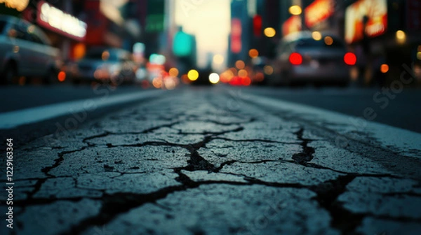 Fototapeta Close up of cracked asphalt on street with blurred city lights, showcasing urban decay and passage of time. image evokes sense of neglect and urban life