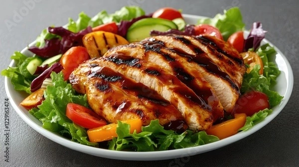 Fototapeta Grilled Chicken Breast on a Fresh Salad with Cherry Tomatoes, Cucumbers, and Mixed Greens Topped with a Savory Barbecue Sauce in a White Plate
