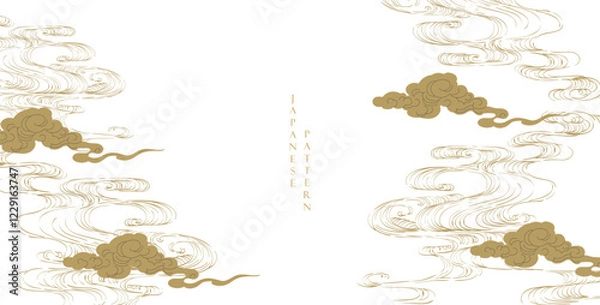 Fototapeta Japanese background with hand drawn line wave pattern with Chinese cloud elements vector. Abstract template with geometric pattern. Ocean sea backdrop layout design in oriental style. 