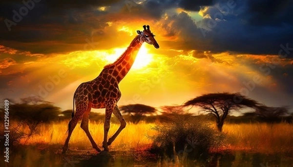 Obraz 夕暮れのサバンナを悠々と歩くキリン