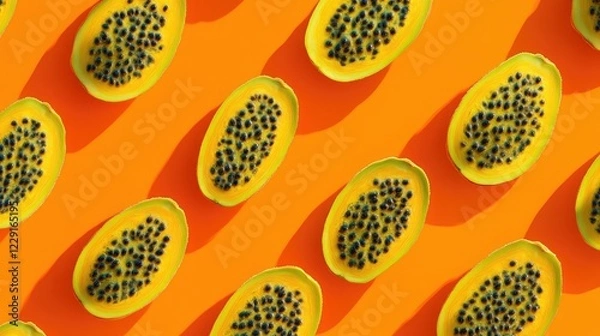 Fototapeta Vibrant Papaya Halves with Black Seeds Arranged in a Pattern on an Orange Background, Creating a Fresh and Tropical Aesthetic for Culinary and Healthy Lifestyle Imagery