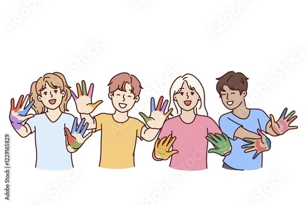 Fototapeta Childrens artists with palms smeared with paints rejoice at opportunity to draw and express creativity. Happy hildrens boys and girls in primary school are happy thanks to art lessons
