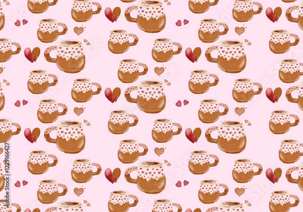 Fototapeta Saint Valentine seamless pattern with cute mugs and hearts for romantic  hand-drawn for fabric texture textile paper wrapping and surface 